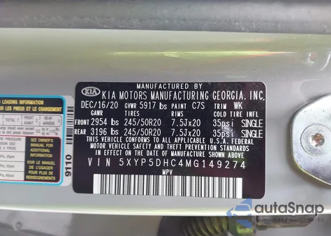2021 Kia Telluride Sx z USA, uszkodzony, nr VIN 5XYP5DHC4MG149274
